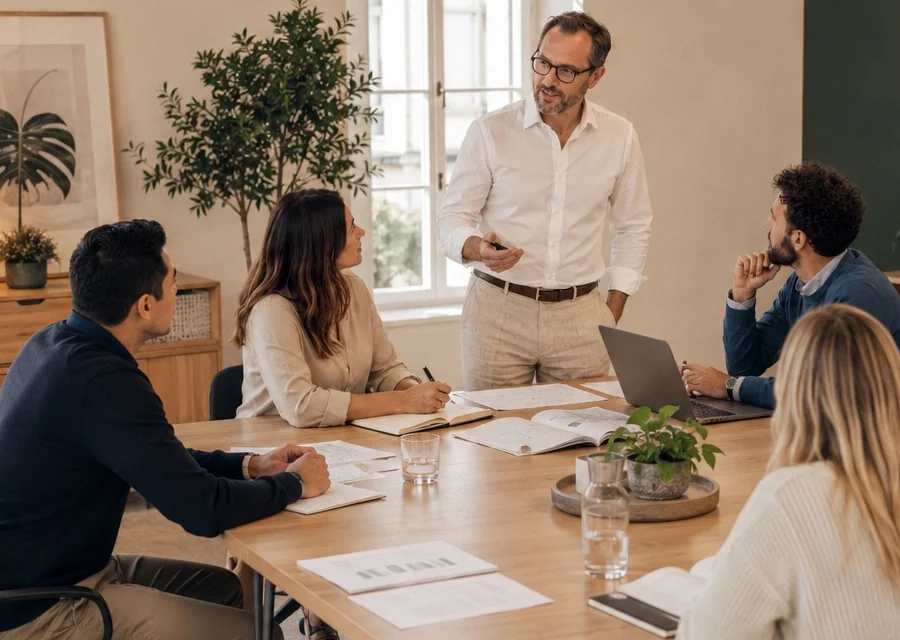 Un formateur accompagne plusieurs apprenants autour de documents et d’un ordinateur.